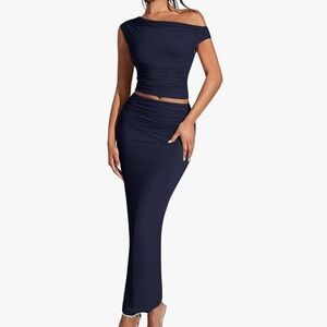 Women's Solid Asymmetrical Neck TwoPiece Set One Shoulder Bodycon Maxi Skirt Set